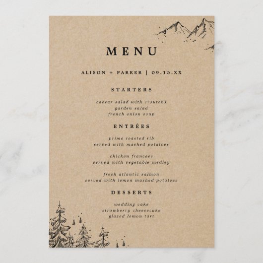Rustikale Kraft-Hand-gezeichnet Berge und Pinien H Menükarte (Vorderseite)