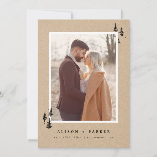 Rustikale Kraft handgezeichnet Berge Pinienbäume F Save The Date (Vorderseite)