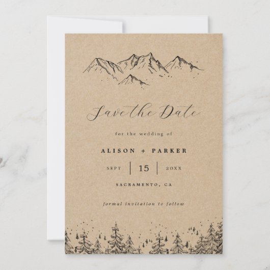 Rustikale Kraft handgezeichnet Berge Pinienbäume F Save The Date (Rückseite)