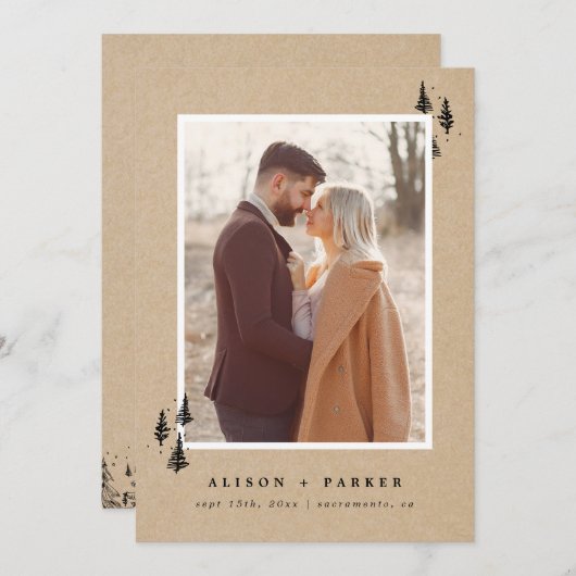 Rustikale Kraft handgezeichnet Berge Pinienbäume F Save The Date (Vorne/Hinten)