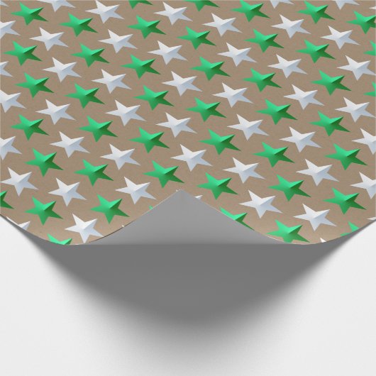 Rustikale Kraft hellgrüne weiße Stars Geschenkpapier (Ecke)