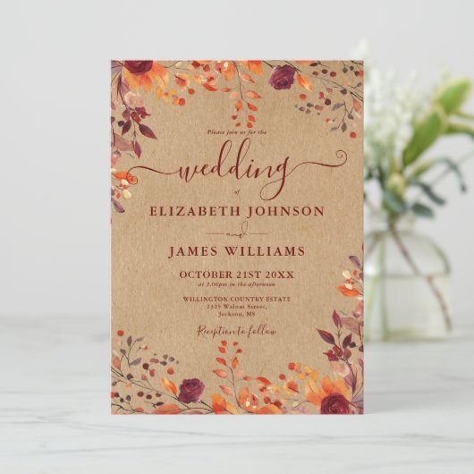 Rustikale Kraft-Herbst-Rustikale Blätter Hochzeit Einladung (Stehend Vorderseite)