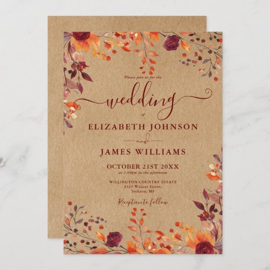 Rustikale Kraft-Herbst-Rustikale Blätter Hochzeit Einladung (Vorne/Hinten)