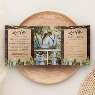 Rustikale Kraft-Hochzeit im montanen Wald mit Foto Dreifach Gefaltete Einladung
