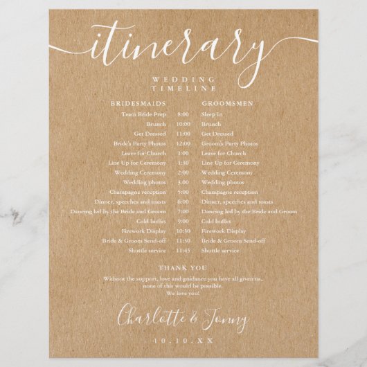 Rustikale Kraft-Hochzeitsplan-Zeitplan (Vorderseite)