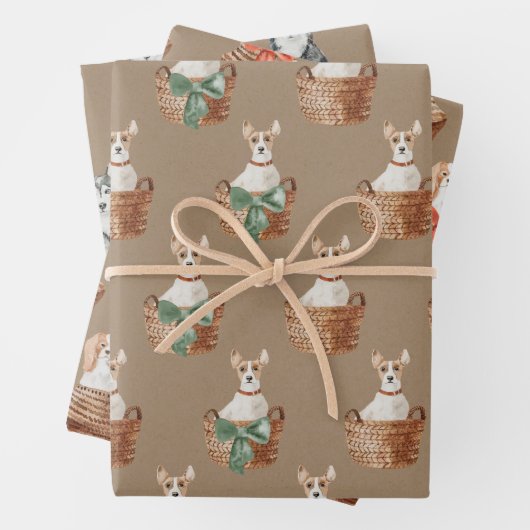 Rustikale Kraft Hunde in einem Korbgeflecht Geschenkpapier Set (Beispiel)