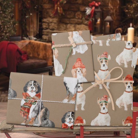 Rustikale Kraft-Hunde zu Weihnachten gekleidet Geschenkpapier Set