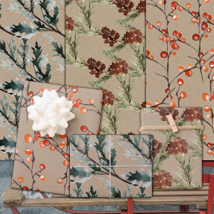 Rustikale Kraft Juniper Pine Cones & Ilex Berries Geschenkpapier Set