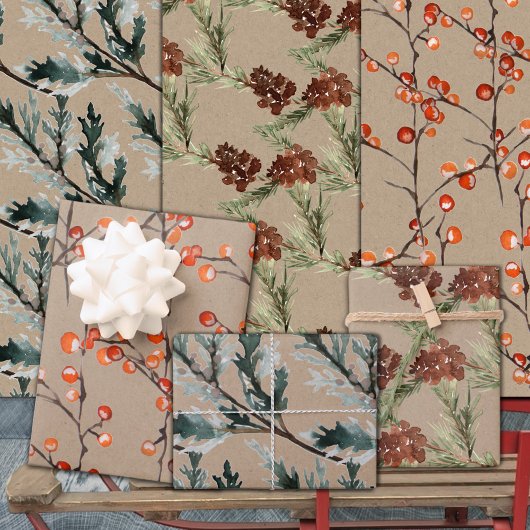 Rustikale Kraft Juniper Pine Cones & Ilex Berries Geschenkpapier Set