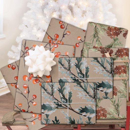 Rustikale Kraft Juniper Pine Cones & Ilex Berries Geschenkpapier Set