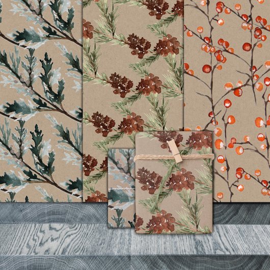 Rustikale Kraft Juniper Pine Cones & Ilex Berries Geschenkpapier Set