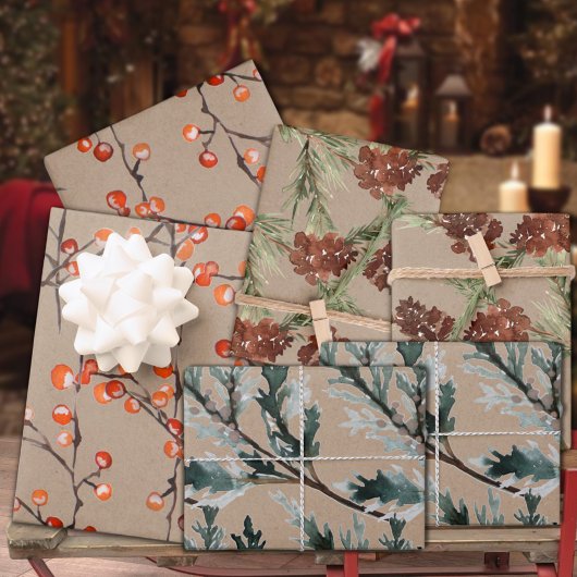 Rustikale Kraft Juniper Pine Cones & Ilex Berries Geschenkpapier Set