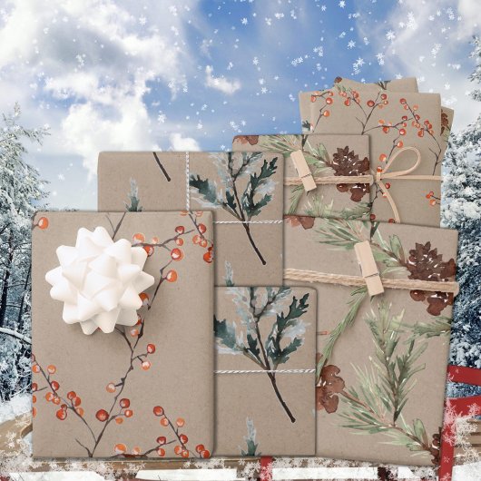 Rustikale Kraft Juniper Pine Cones Ilex Berries Geschenkpapier Set