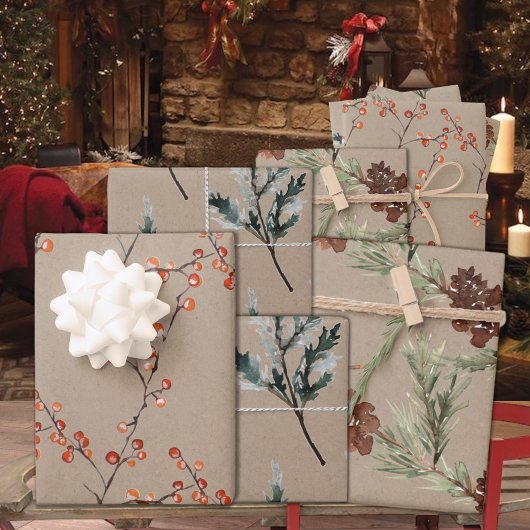 Rustikale Kraft Juniper Pine Cones Ilex Berries Geschenkpapier Set
