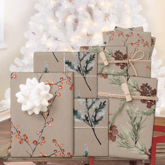 Rustikale Kraft Juniper Pine Cones Ilex Berries Geschenkpapier Set