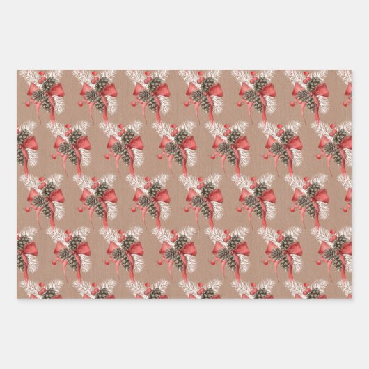 Rustikale Kraft-Kiefernzapfen, Schneeflocken und S Geschenkpapier Set (Vorderseite)