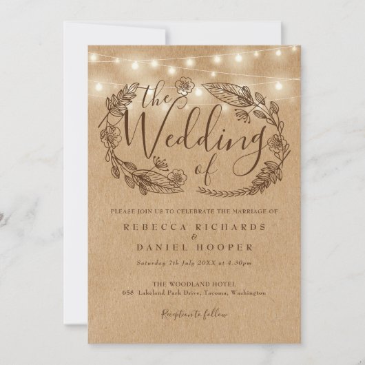 Rustikale Kraft-Lichterkette Hochzeit Einladung (Vorderseite)