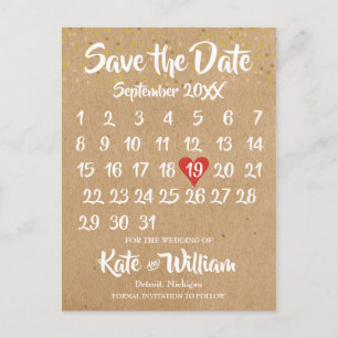 Rustikale Kraft-Liebesherz-Kalender-Save-the-Date Ankündigungspostkarte