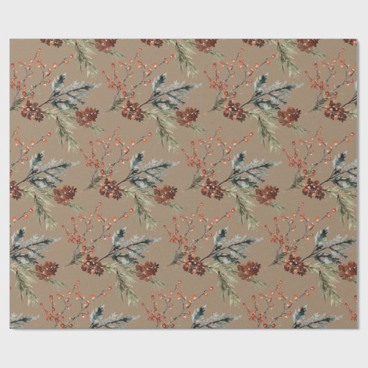 Rustikale Kraft Mixed Spruce Pine Cones Red Berrie Geschenkpapier (Flach)