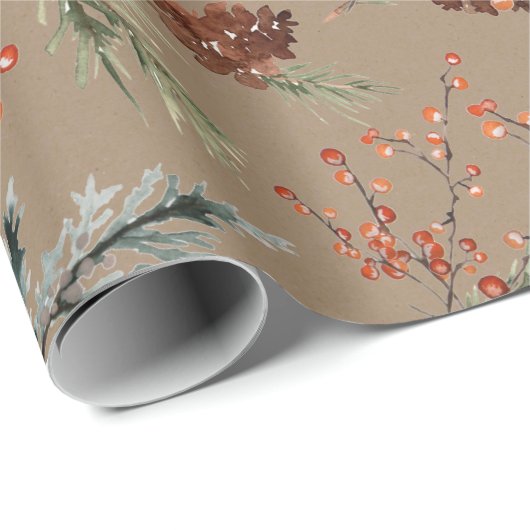 Rustikale Kraft Mixed Spruce Pine Cones Red Berrie Geschenkpapier (Rolleneckpunkt)