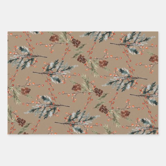 Rustikale Kraft Mixed Spruce Pine Cones Red Berrie Geschenkpapier Set (Vorderseite 2)