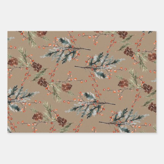 Rustikale Kraft Mixed Spruce Pine Cones Red Berrie Geschenkpapier Set (Vorderseite)