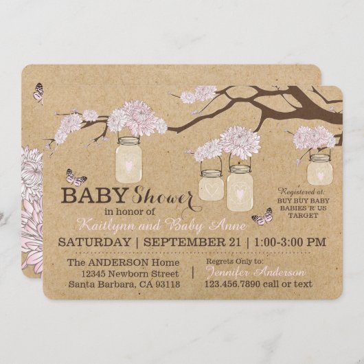 Rustikale Kraft Moderne Blumenhahn Jar Baby Dusche Einladung (Vorne/Hinten)