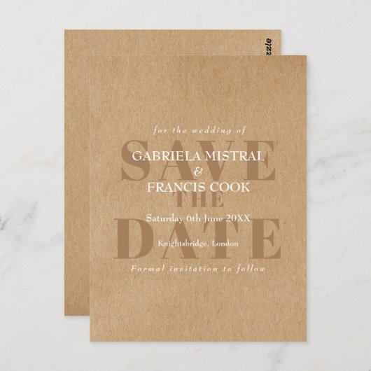 Rustikale Kraft Moderne Elegante Chic Save the Dat Postkarte (Vorne/Hinten)