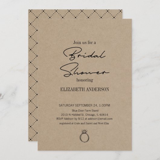 Rustikale Kraft Moderne Schrift mit Ring-Brautpart Einladung (Vorne/Hinten)