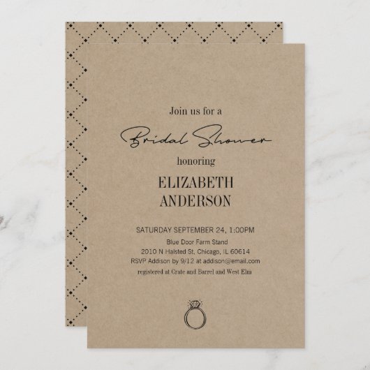 Rustikale Kraft Moderne Schrift mit Ring-Brautpart Einladung (Vorne/Hinten)