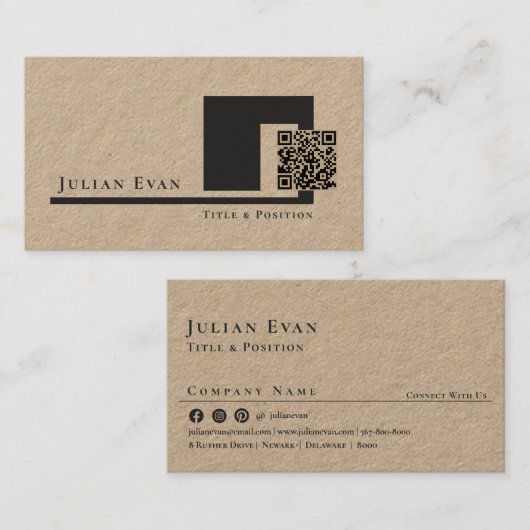 Rustikale Kraft Moderner Minimalistischer QR-Code Visitenkarte (Vorne/Hinten)