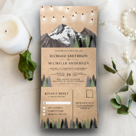 Rustikale Kraft Mountain Forest String Lights Wedd Dreifach Gefaltete Einladung