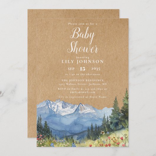 Rustikale Kraft Mountain Wildblume Babydusche Einladung (Vorne/Hinten)