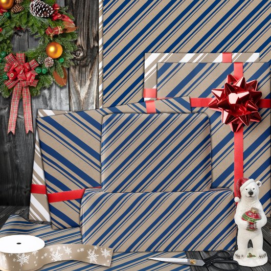 Rustikale Kraft Navy Blue Candy Stripes Holiday Geschenkpapier