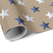 Rustikale Kraft Navy Blue Silver Stars Holiday Geschenkpapier (Rolleneckpunkt)