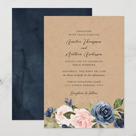 Rustikale Kraft Navy Blush Florale Hochzeit Einladung (Vorne/Hinten)