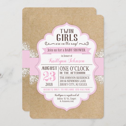 Rustikale Kraft Papier Spitzen Pink Babydusche Einladung (Vorne/Hinten)