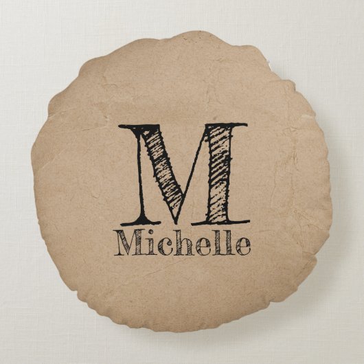 Rustikale Kraft-Papierschau-Monogramm Rundes Kissen (Rückseite)