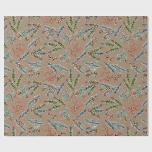 Rustikale Kraft Pine Blue Spruce Cones & Ilex Berr Geschenkpapier (Flach)