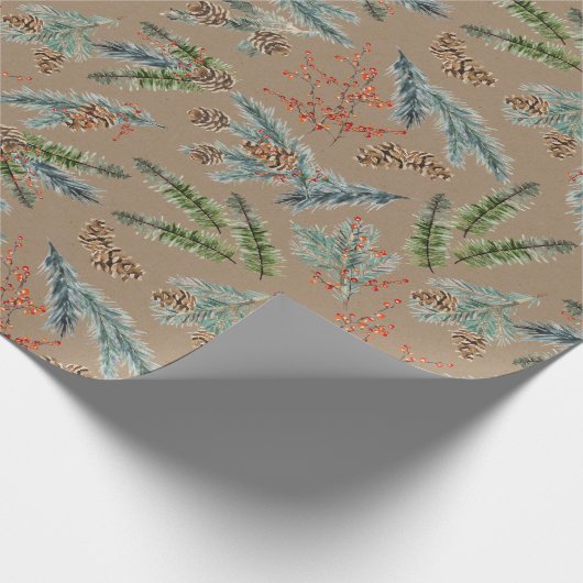 Rustikale Kraft Pine Blue Spruce Cones & Ilex Berr Geschenkpapier (Ecke)