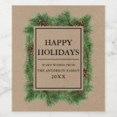 Rustikale Kraft Pine Frame Happy Holidays Weinetikett (Einzelnes Label)