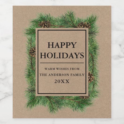 Rustikale Kraft Pine Frame Happy Holidays Weinetikett (Einzelnes Label)