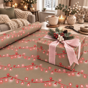 Rustikale Kraft-Pink- und Rot-Weihnachts-Lichterke Geschenkpapier
