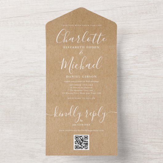 Rustikale Kraft QR Code Minimalistisch Wedding All In One Einladung (Innen Boden)