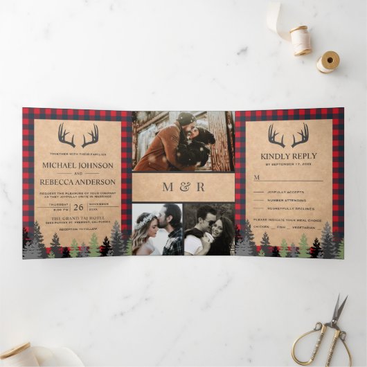 Rustikale Kraft Red Buffalo Karierte Hirschantler Dreifach Gefaltete Einladung (Innenseite)