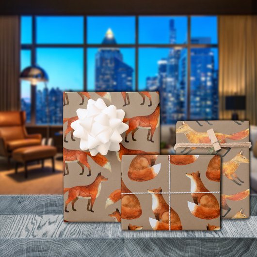 Rustikale Kraft Red Foxes Wiederholen Muster Geschenkpapier Set