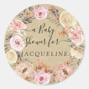 Rustikale Kraft Rosa Blumenreste mit Schmetterling Runder Aufkleber