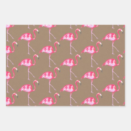 Rustikale Kraft Rosa Flamingos und rosa Hibiskus Geschenkpapier Set (Vorderseite)