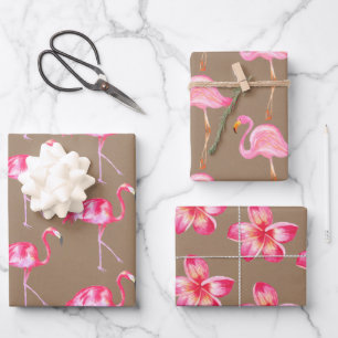 Rustikale Kraft Rosa Flamingos und rosa Hibiskus Geschenkpapier Set