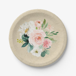 Rustikale Kraft & Rosa Wasserfarben-Blumen Süß Pappteller